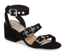 Steve madden black rotating buckle block heel suede strappy sandal
