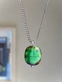 Handmade stainless steel chain & green Picasso Czech glass bead chic vintage retro style simple necklace💚