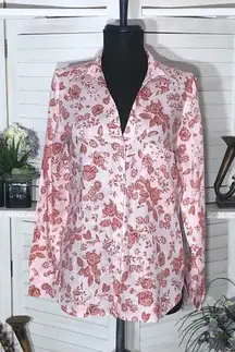Zara Red Roses Floral Linen Shirt Light Pink XS