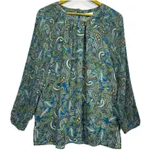 J Jill Satin Fairy Grunge Tunic Top Size Small Green Paisley Pleated Boho Modest