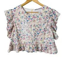 Zara‎ Floral Sequin Crop Top Blouse Flutter Sleeves Cream Pink Blue, Size Medium