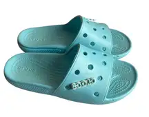 Crocs Womens Size 7 Teal Blue Classic Slide Shoes Logo Jibbitz Sandals Comfort