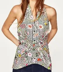 Zara‎ Top Womens X Small Black White Stripe Floral Halter Knotted Open Back