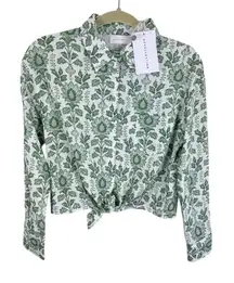 ASCOLLECTION NWT Green White Floral Cotton Tencel Cropped Button Up Blouse Sz M