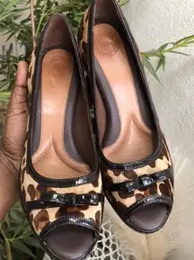 2000s Y2K brown black Leopard animal genuine leather print open peep toe heels pumps with bow detail-Size 8M Great preloved condition