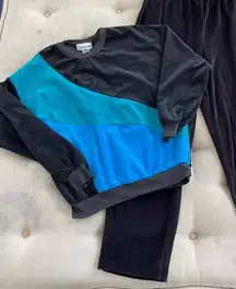 Vintage 80s Cherry Hill Abstract Velour Track Suit Sweatshirt Pants Set Black Bl