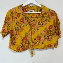 Women’s Button Down Tie Front Crop Top Floral Print Yellow M