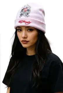🆕Ed Hardy Light Pink Bling Fierce Tiger And Floral Artwork Beanie🆕