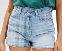 American Eagle Crossover Highest Waist Denim Mom Shorts Plaid 2