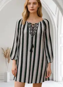 PPLA Blouse Womens Large Black Striped Summer Tunic Boho Peasant White Black