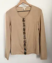 Escada 36 US 6 Jewel Front Cardigan Sweater Cashmere Tan Classy Old Money