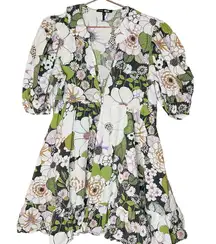 MAJE Rafleur Large Floral Print Mini Puff Sleeve Baby Doll Mini Dress Size 40