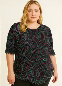 VTG Scala Beaded Sequin Top 3X Black Multicolor Silk Short‎ Sleeve Costume Party