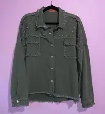 Umgee Green Studded Jean Jacket Womens Size L Boho Edgy Punk Forest