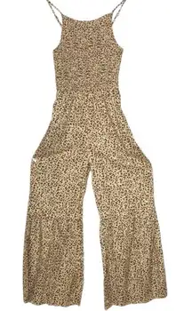 JAPNA LEOPARD PRINT SMOCKED ADJUST. STRAP TOP WIDE LEG JUMPSUIT W/ POCKETS SZ S