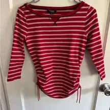 CHAPS Active Striped Top, 3/4 Sleeve Red White, Drawstring Sides, Blouse