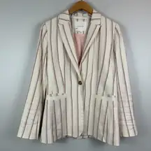 By Anthropologie Blazer Women 2 Ivory Striped Linen Blend One-Button Suit Jacket