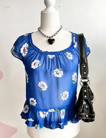 Abercrombie & Fitch Blue Floral Sheer Top Y2K Vintage 2000s XS‎