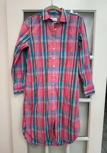 J. Crew Pink & Blue Plaid Midi Poplin Shirt Dress Preppy Pockets Size 2 XS