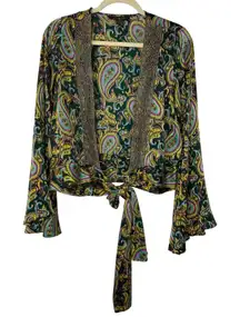 Wendy Hil 100% Silk Paisley Tie Front Boho Disco Glam Bell Sleeve Top L