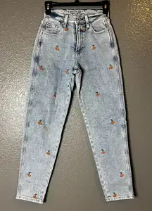 Arizona High Rise Mom Jeans Women’s 9 Light Wash Cherry Embroidered Denim