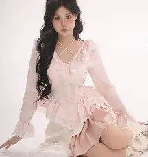 Japanese Kawaii Gyaru Pastel Pink Princess Ballet White Lace Silky Blouse Top