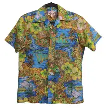 Lore-Nei Hawaii Vintage Shirt Aloha Palm Trees Volcano Mountains Tropical Floral