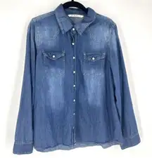 Vanilla Star Women's Chambray Pearl Snap Button Down Western Shirt Blue Size XL