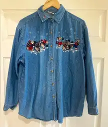 Bobbie Brooks Denim Shirt Polar Bear Ice Skating VTG Sz L Chambray Embroidered‍