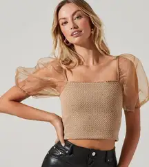 ASTR The Label Tan Organza Puff Sleeve Top Cropped Smocked Top Women's Size XS