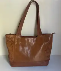 The Sak Genuine Leather Boho Embossed Tote Bag Brown Tan Festival Artisan