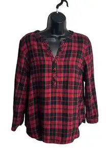 Talbots Women Medium Petite Plaid Half Button Red Shirt Casual Momcore Retro 
90