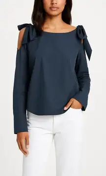 FRAME Bow Cold‎ Shoulder Cotton Blouse In Navy Size M NWOT