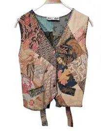 Vintage We Be Bop Patchwork Stitch Button Front Tie Back V-Neck Vest Jacket Top