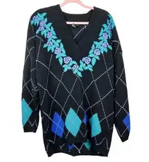 Vintage 1990s Argyle Floral Sweater