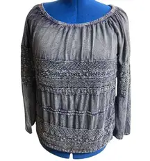 MAX EDITION,Women’s Blue/Gray Embroidered, Crinkled Top, boat neckline,Sz Medium