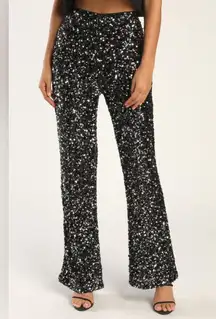 Glamorous Allure Black and Silver Sequin Sequin Flare Pants