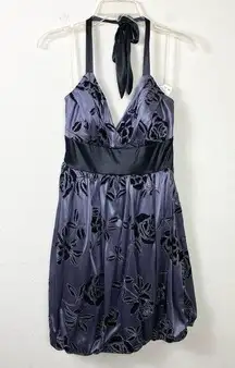 Trixxi Blue & Black Floral Tie Waist Bubble Hem Halter Neck Formal Dress Size L