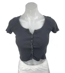 Brandy Melville Black Short Sleeve Ribbed Knit Button Up T Shirt Crop Top Size S