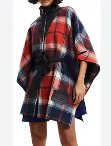 Desigual Plaid High Neck Belted Poncho OS Tartan Cape Red