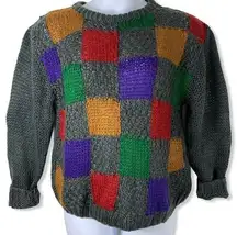 Queens Italy Sweater Colorblock Checkered Granny Square Acrylic VTG? Sz Large