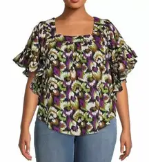 Terra & Sky Square Neck Peasant Multi Colored Pullover Top Flutter Sleeves, 4X