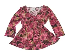 Y2K Pink & Brown Floral V-Neck Front Twist 3/4 Sleeve Top Vol. 1