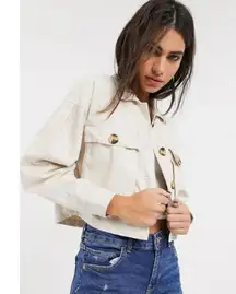 Bershka Cropped Canvas Jacket Cream Beige Button Front Puff Sleeves Size M