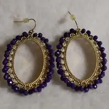 Deep Purple Oval Filigree Dark Purple Beads Gold Tone Hook Earrings Like New