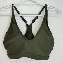 olive green padded v-neck sports bra with adjustable straps size S