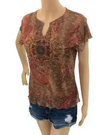 Y2K Gloria Vanderbilt MEDIUM Sheer Henna Indian Art Paisley Floral Top Tee Shirt