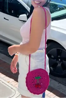 Handmade Crochet Pink Cherry Bag Round Artisan Crossbody Summer Viral