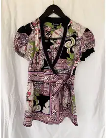 Bebe Y2K Baroque Floral Tie Waist Blouse Puff Sleeve Satin Trim Top S Retro Glam