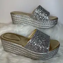 Silver Glitter Platform Shoes with Espadrille Sole